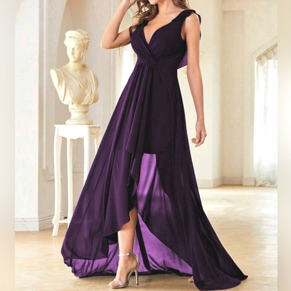 NEW Flowy Chiffon Wrap High Low Maxi Dress Purple - Picture 6 of 8